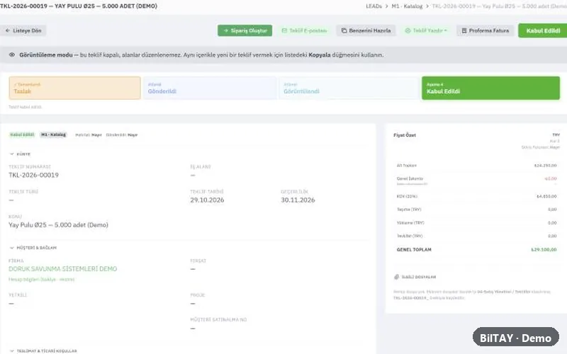 LEADs CRM teklif ekranı: kabul edilmiş teklif, müşteri ve toplamlar