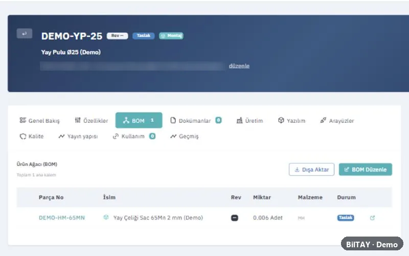 Sirius PLM ürün kartı ve ürün ağacı