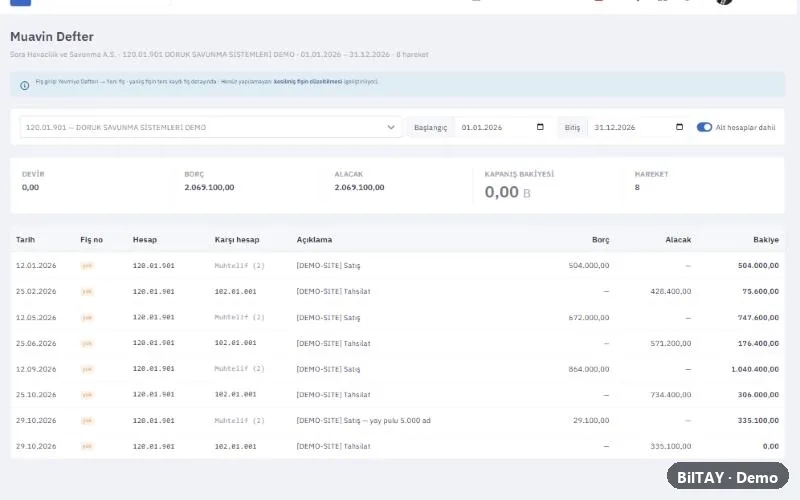 Scienta ERP muavin defter: satış, banka tahsilatı ve sıfır bakiye